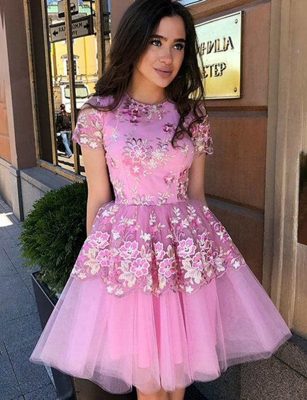 A-Line Jewel Short Tulle Pink Sandy Homecoming Dresses Cocktail Dress With Appliques CD564