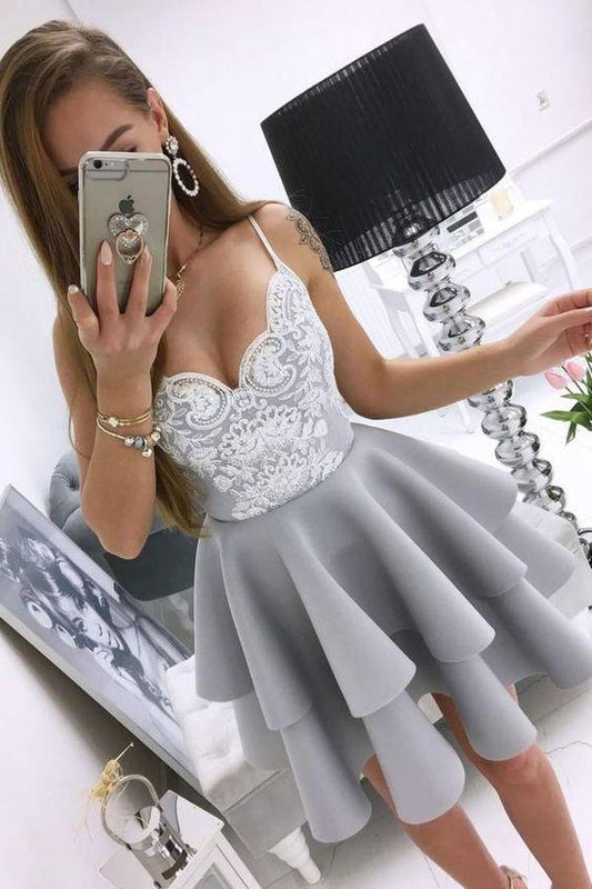 Gray Short Gray Dress Homecoming Dresses Lace Cocktail Helen CD5743