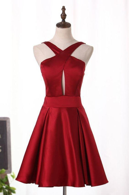 Open Aliya A Line Cocktail Homecoming Dresses Satin Back Dresses V Neck CD8537