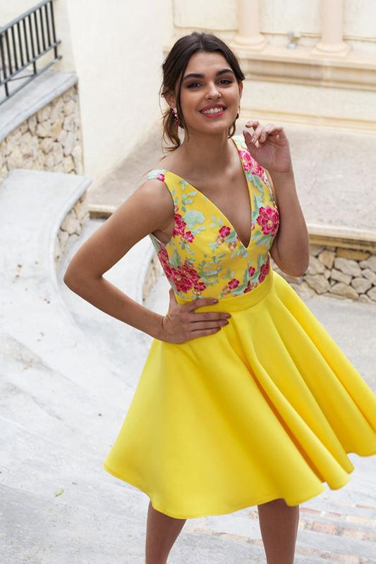 Yellow Floral Satin Illusion Back Daffodil V Neck Homecoming Dresses Short Cocktail Dresses SRS14985