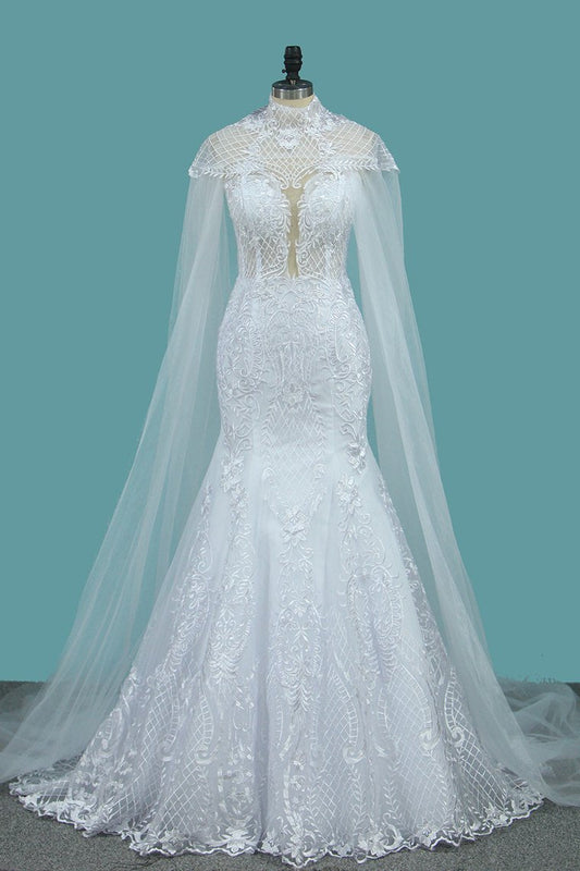 Tulle Scoop Wedding Dresses Mermaid With Applique Chapel Train