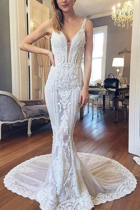 Luxurious Mermaid Lace Ivory V Neck Wedding Dresses, Backless Straps Wedding Dresses SRS15522