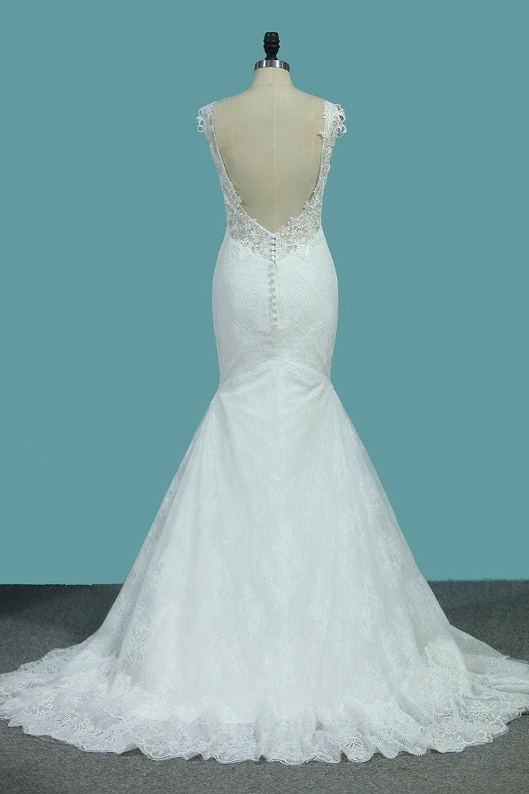 Mermaid Wedding Dresses Lace Straps With Applique Sweep Train Sexy Open Back