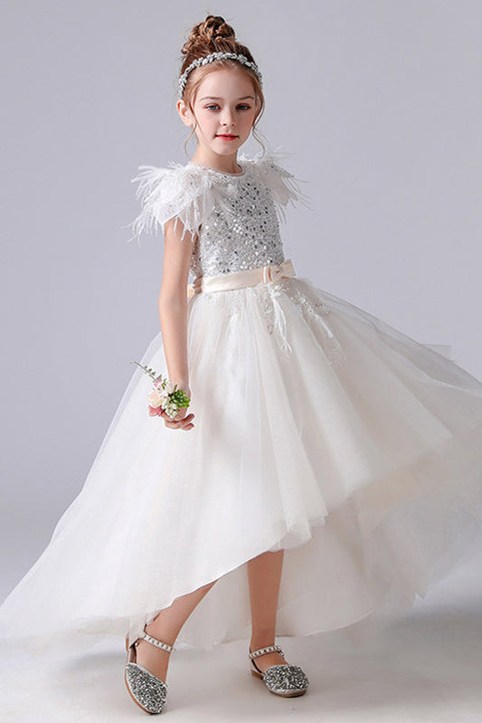 A- Line Cap Sleeve Hi-Low Tulle Beading Flower Girl Dresses