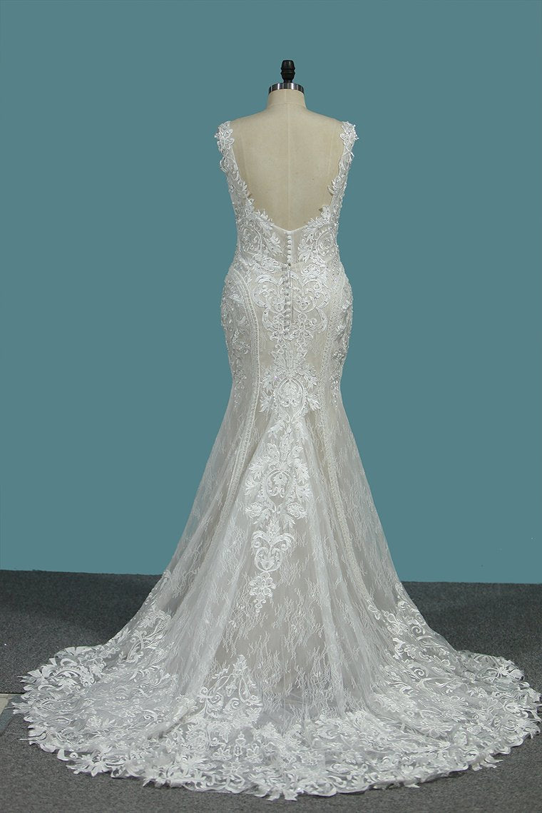 Mermaid Straps Lace Wedding Dresses With Applique Open Back Court Train