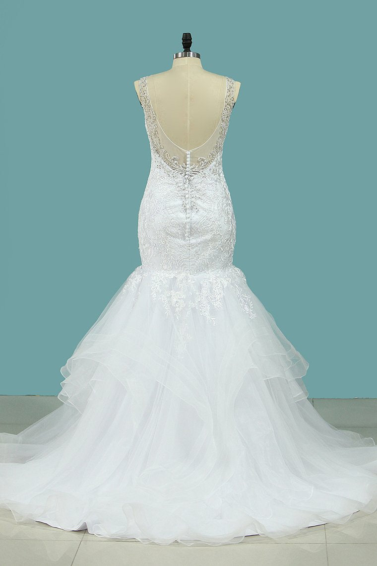 Tulle Mermaid Wedding Dresses Straps Beaded Neckline Court Train