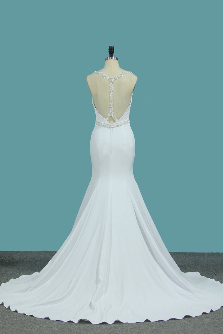 2024 Scoop Mermaid Wedding Dresses Spandex With Beading Open Back