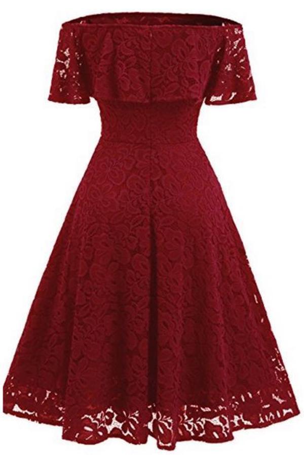 A-line Short Sleeve Burgundy Off-the-Shoulder Lace Knee-Length Grace Homecoming Dresses JS228