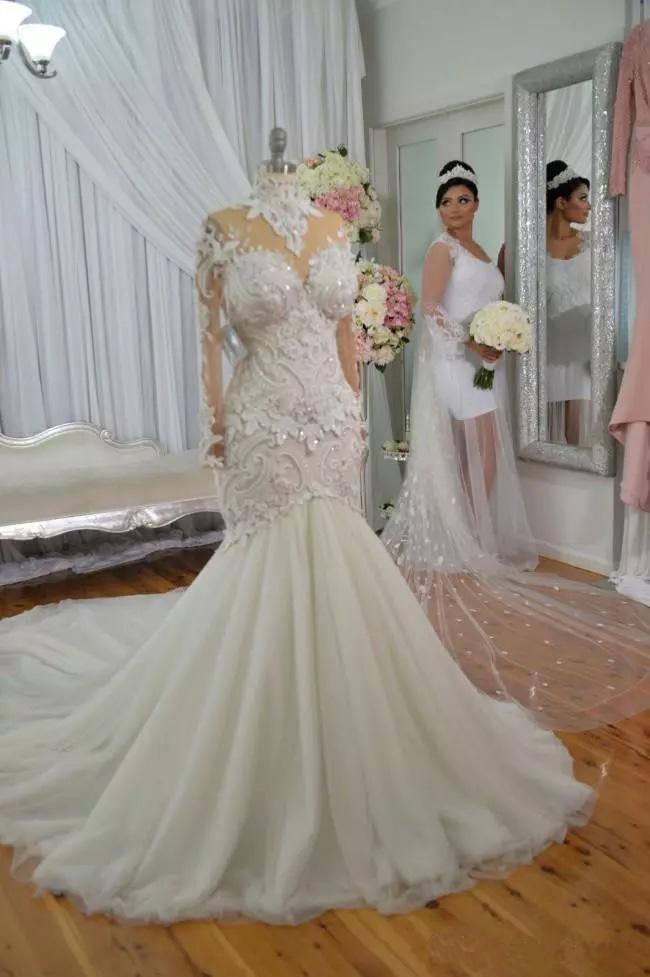 Luxury Crystal Beaded Appliques Mermaid High Neck Long Sleeves Wedding Gowns