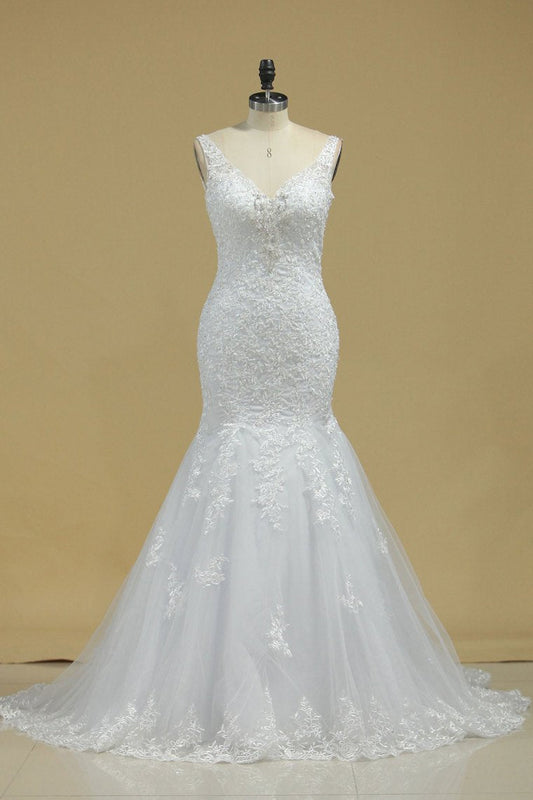 Straps Open Back Tulle With Applique And Beads Mermaid Chapel Train Wedding Dresses