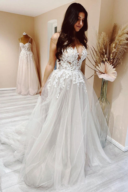 Cute A Line V Neck Tulle Wedding Dresses with Appliques