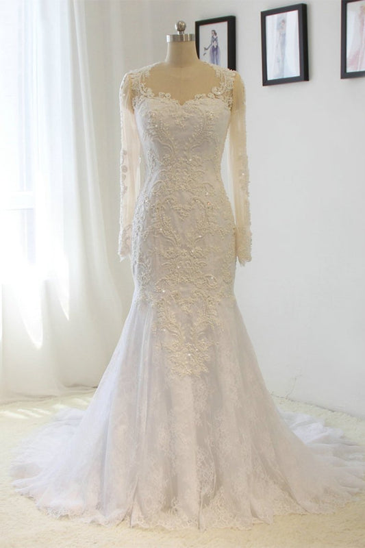 Scoop Long Sleeves Wedding Dresses Mermaid Tulle With Beading Court Train Detachable