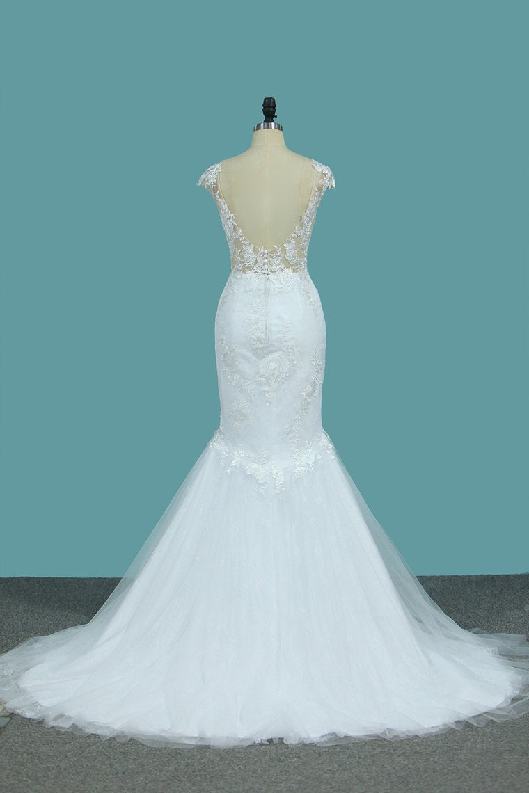 Scoop Tulle Mermaid Wedding Dresses With Applique Sweep Train Open Back