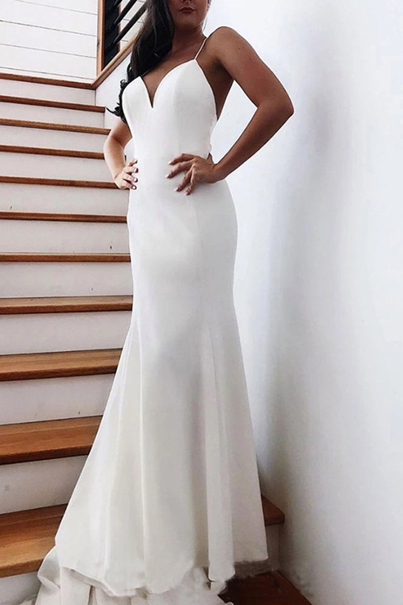 Princess Spaghetti Straps Backless V Neck Mermaid Wedding Dresses Bridal Dresses SRS15306