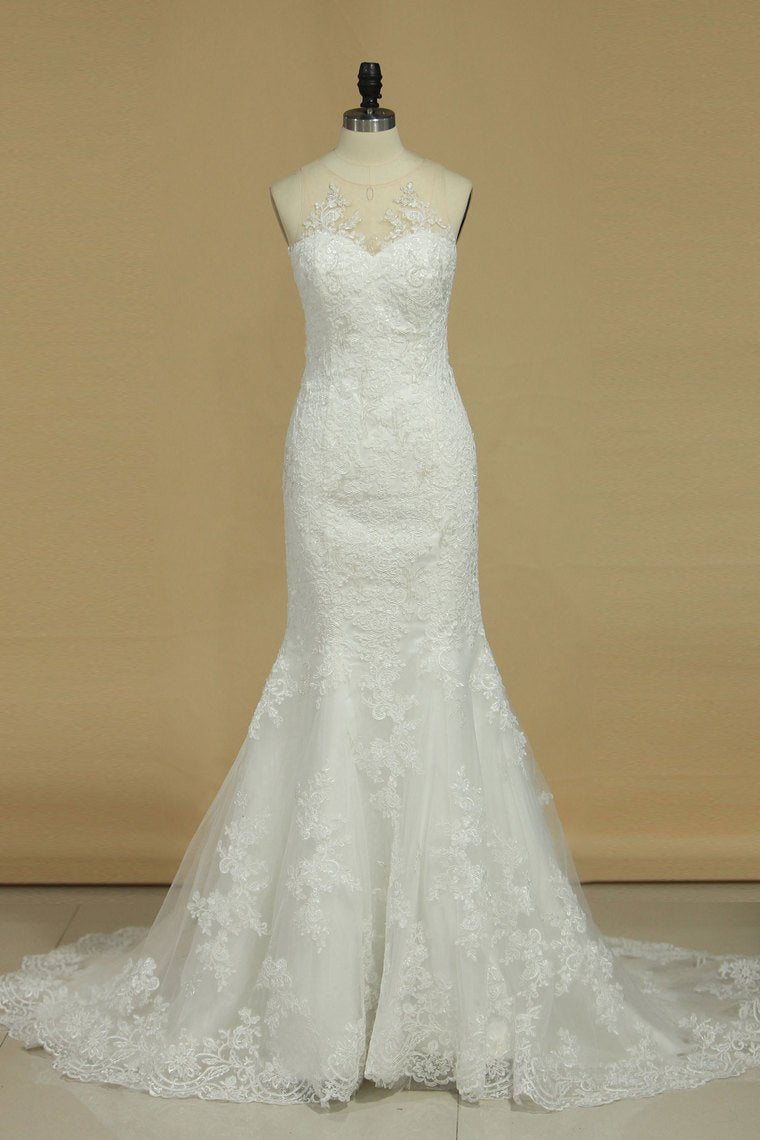 Mermaid Wedding Dresses Scoop Tulle With Applique Court Train