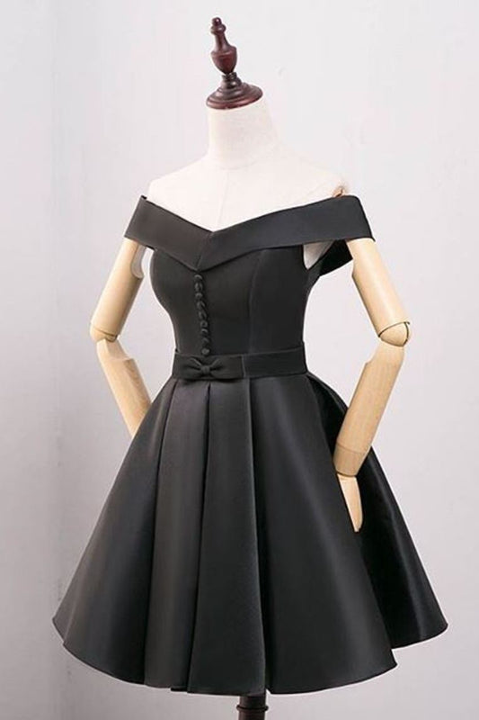 2024 Off The Shoulder Cocktail Dresses A Line Satin Lace Up Back Black