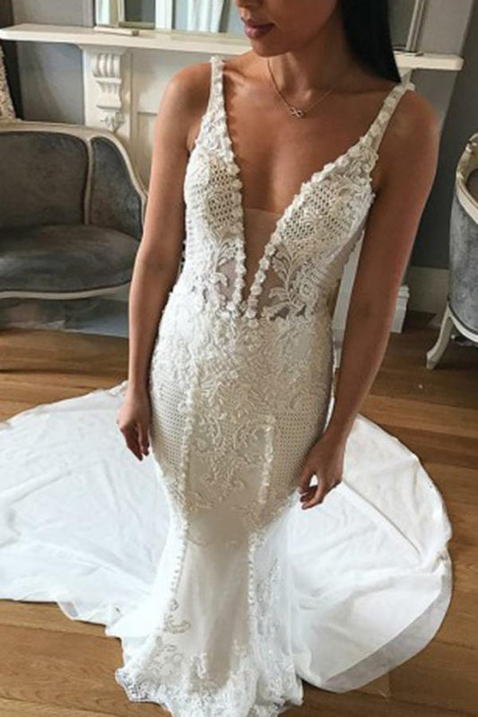 Mermaid Deep V Neck Backless Sweep Train Wedding Dresses with Lace Appliques JS847