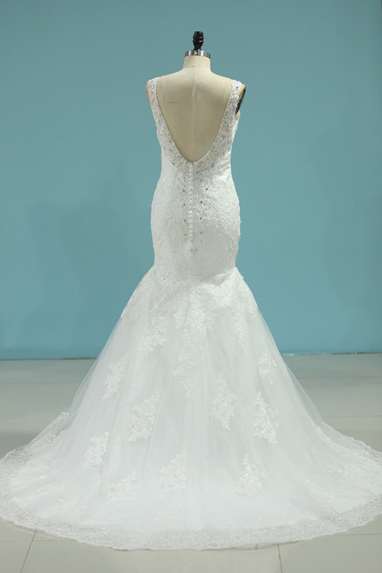 Romantic Wedding Dresses Mermaid V-Neck Court Train Beaded Tulle Open Back With Zipper