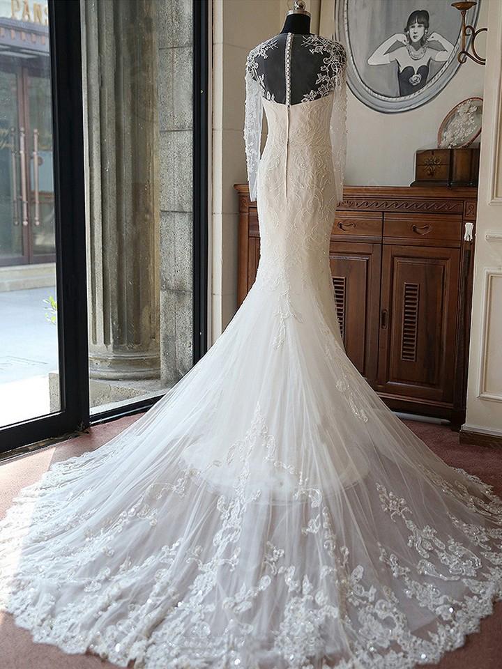 Elegant Mermaid Scoop Neck Tulle Beads Lace Appliques Chapel Train Long Sleeve Wedding Dress JS739