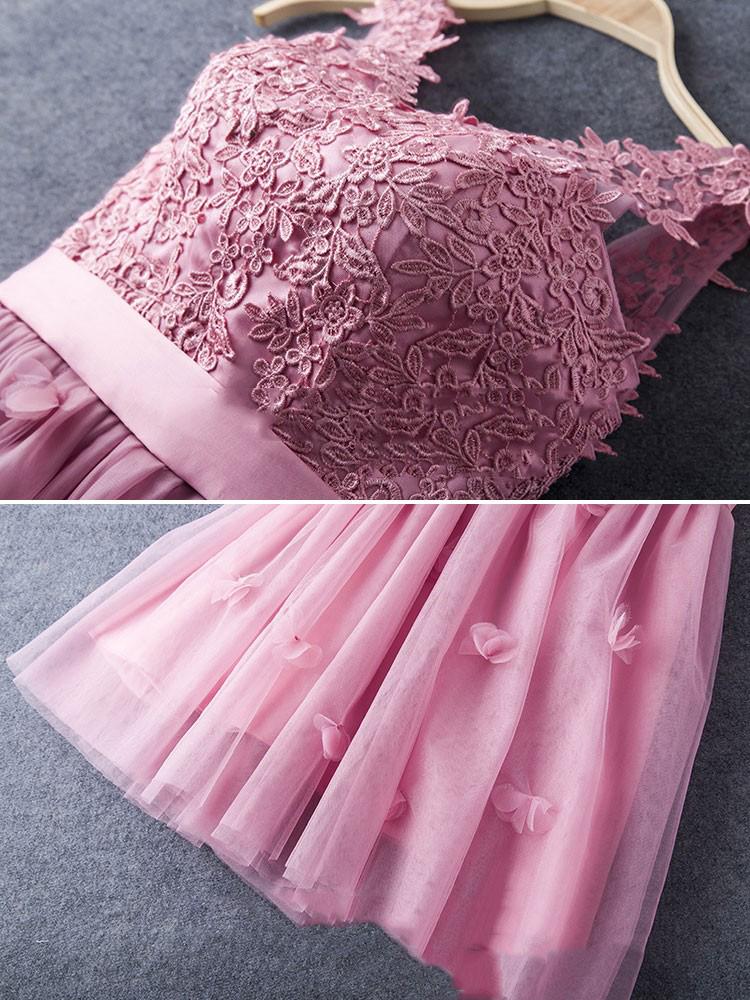 A Line Tulle Lace Appliques Lace up V Neck Pink Short Prom Dresses Homecoming Dresses JS906