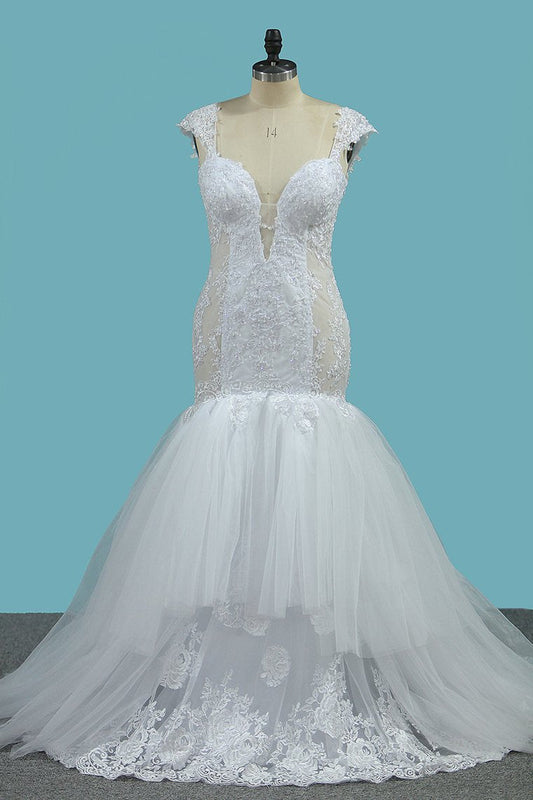 Mermaid Spaghetti Straps Tulle Wedding Dresses With Applique Cathedral Train