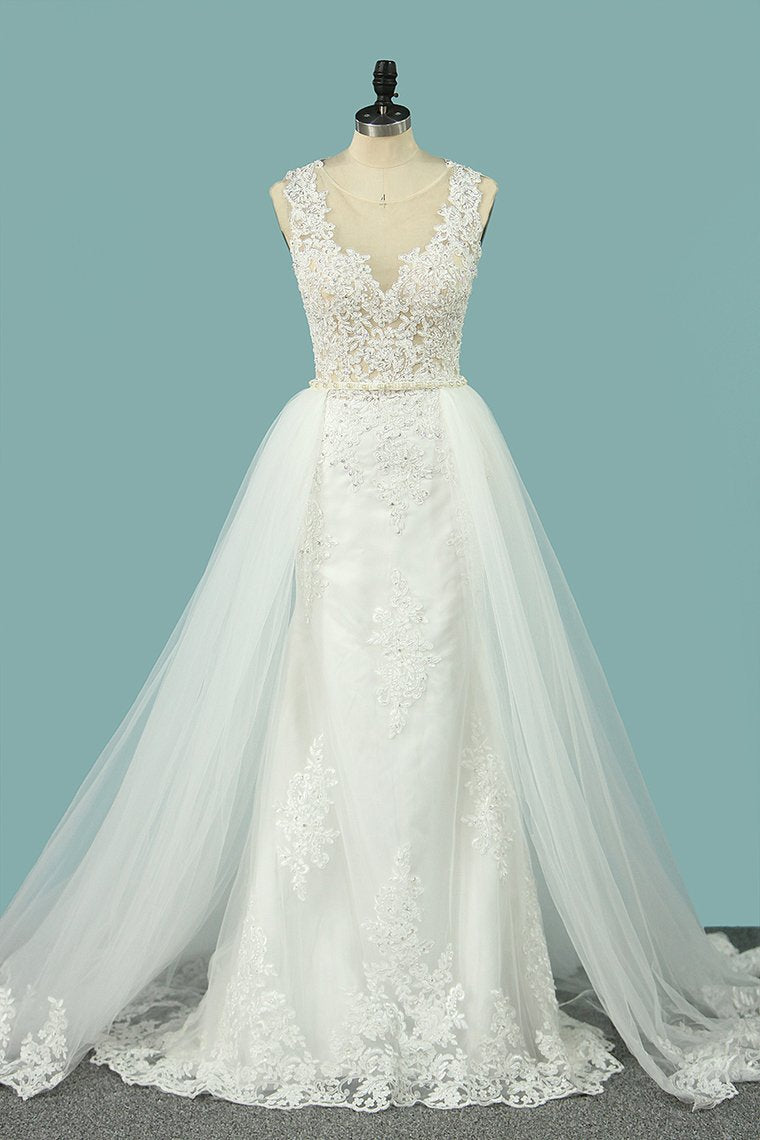 Mermaid Wedding Dresses Scoop Tulle With Applique Court Train Detachable