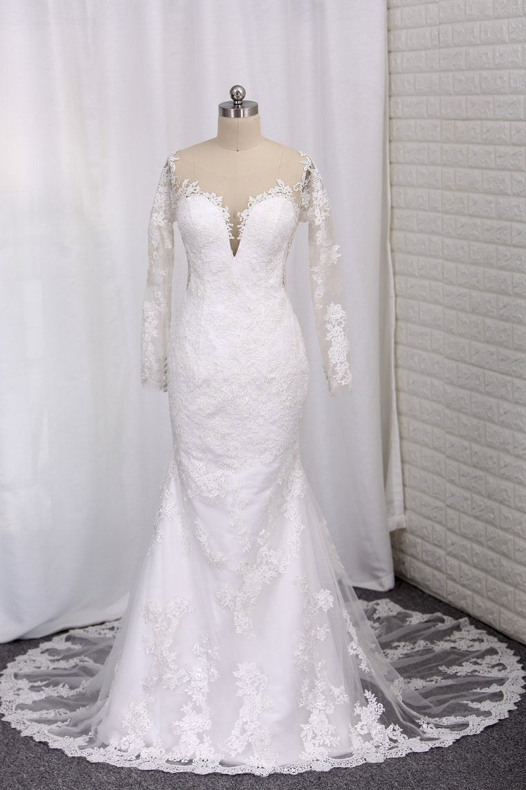 2024 New Arrival Wedding Dresses Tulle Scoop Long Sleeves With Applique Mermaid