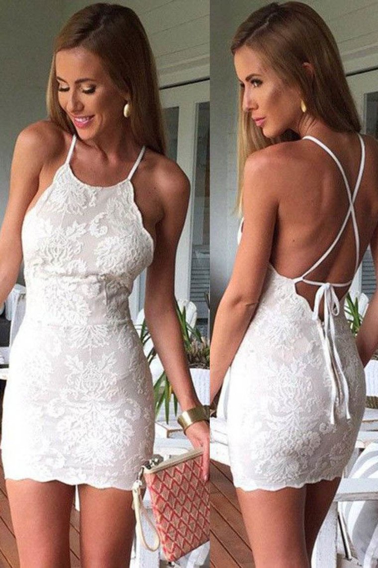 2024 Cocktail Dresses Sheath Spaghetti Straps Lace Open Back Short/Mini