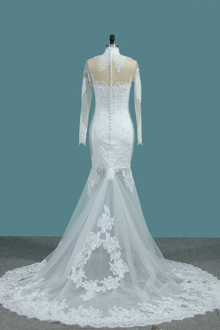 Mermaid Wedding Dresses High Neck Long Sleeves Tulle With Applique And Beads