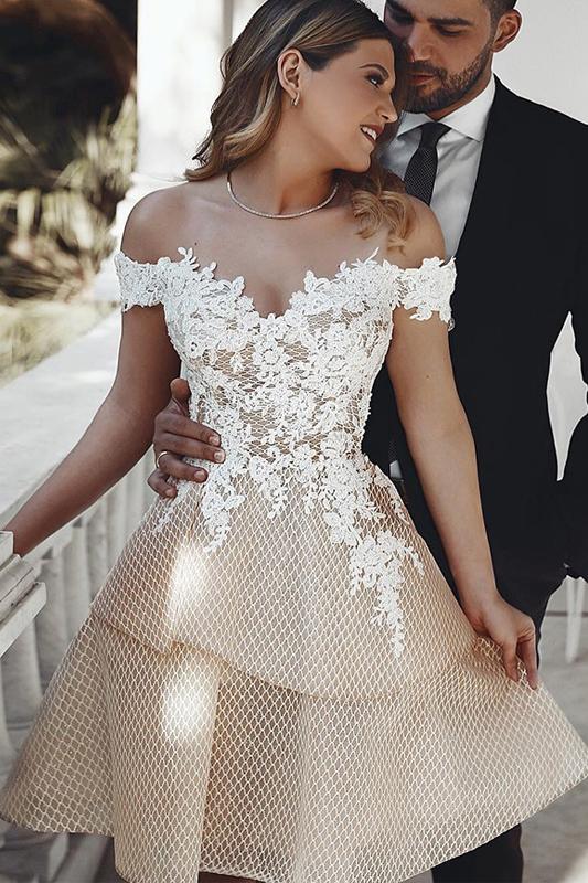 Unique Off the Shoulder Appliques Sweetheart Homecoming Dresses Short Dance Dresses SJS14984