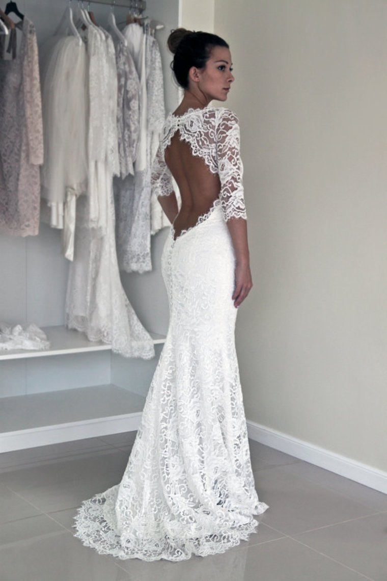 Mermaid Scoop Wedding Dresses 3/4 Length Sleeves Lace Open Back