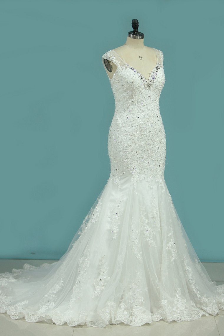 New Arrival Wedding Dresses V Neck Mermaid Tulle With Applique Chapel Train