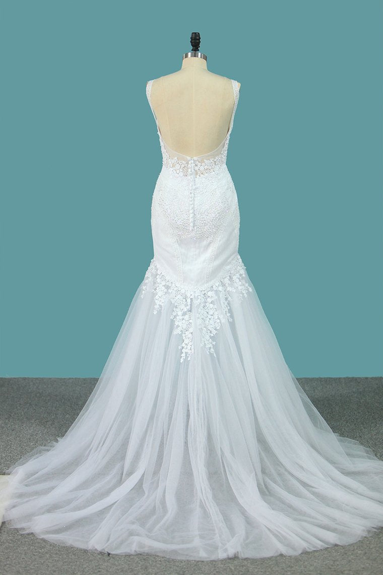 Spaghetti Straps Tulle Mermaid Wedding Dresses With Applique Open Back