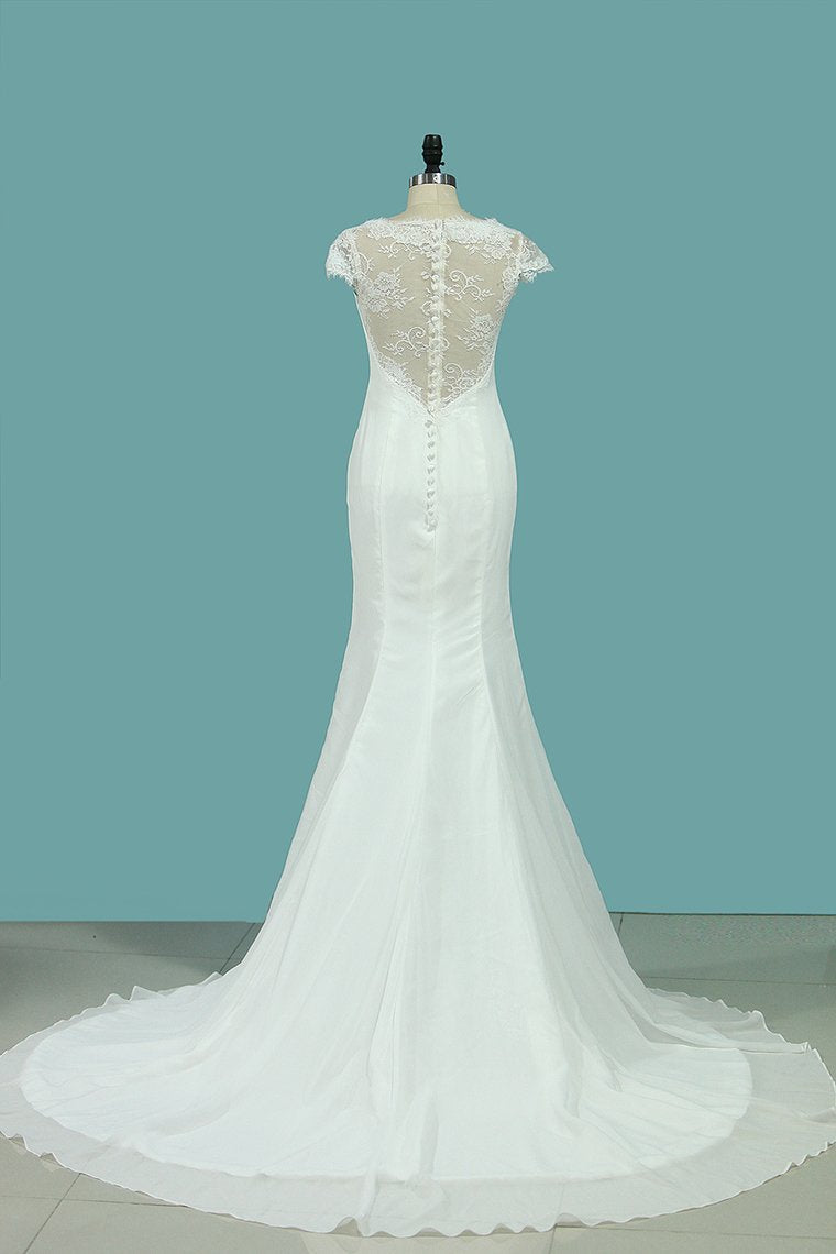 Scoop Mermaid Wedding Dresses Chiffon & Lace Sweep Train