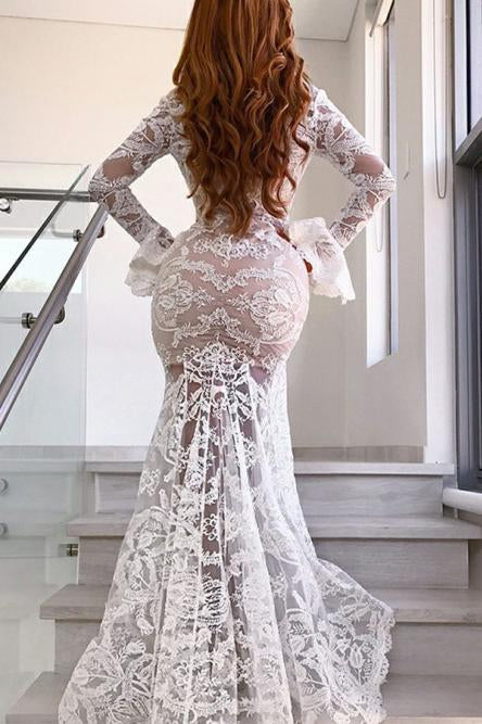 Long Sleeves Mermaid Lace V Neck Wedding Dresses with Slit, Wedding SRS15651