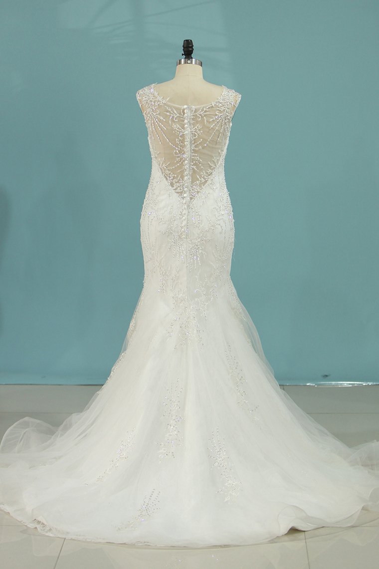 Mermaid/Trumpet Wedding Dresses V-Neck Chapel Train Tulle With Applique Sleeveless