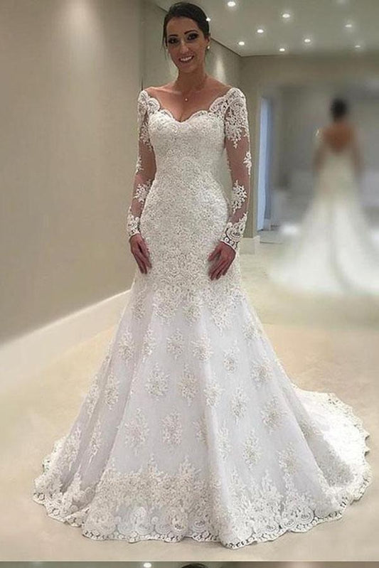 Elegant Lace V Neck Neckline Mermaid Long Sleeve Wedding Dresses with Appliques JS69