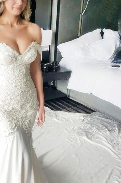 Mermaid Off-the-Shoulder Ivory Lace Long Cheap Sweetheart Backless Plus Size Wedding Dress JS619