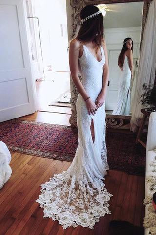 Romantic Boho Backless Lace Mermaid Elegant Ivory Wedding Dress