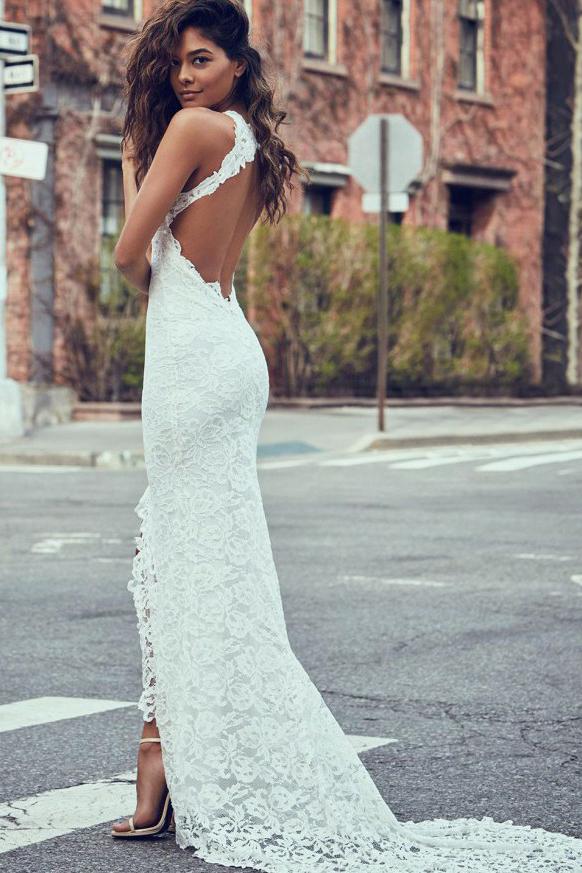 Sheath White Mermaid Round Neck Sweep Train Open Back Lace Wedding Dress with Split JS26