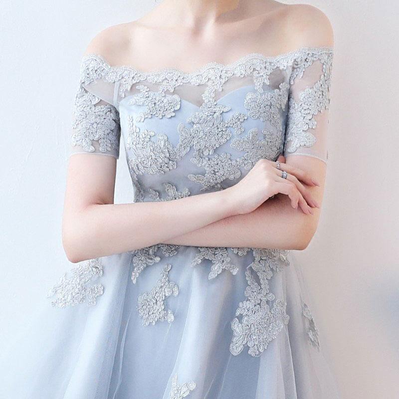 Off the shoulder Dusty Blue High Low Homecoming Dress Tulle Short Cocktail Dresses