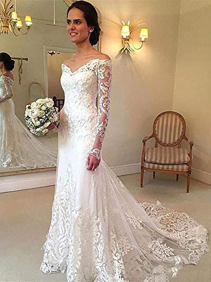 Off the Shoulder Lace Long Sleeve Mermaid V Neck Covered Button Wedding Dresses JS330