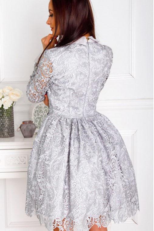 A-Line Crew Long Sleeves Above Knee Grey Lace Short Homecoming Dresses JS19