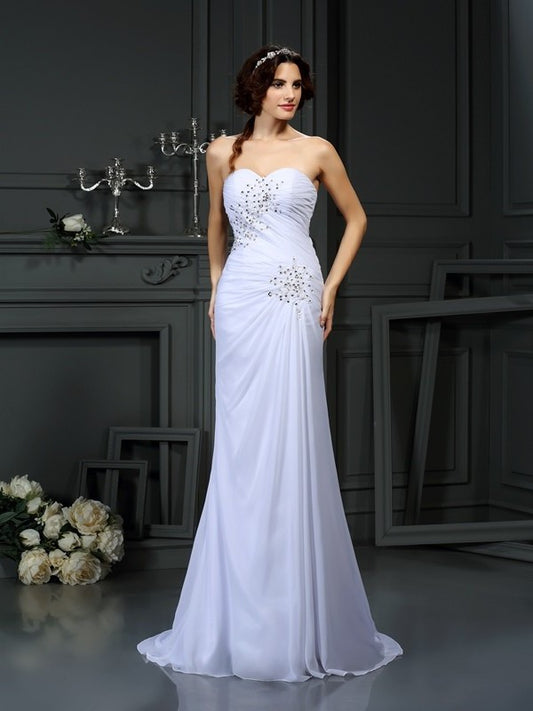 Sleeveless Long Sweetheart Sheath/Column Beading Chiffon Wedding Dresses