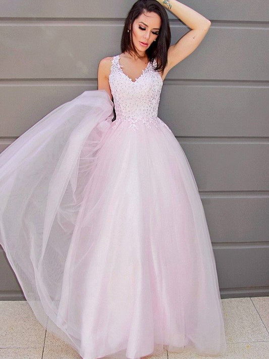 Sleeveless V-neck Applique A-Line/Princess Tulle Floor-Length Dresses