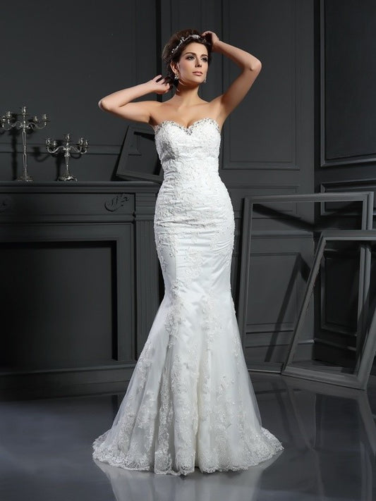 Sheath/Column Long Sleeveless Beading Sweetheart Net Wedding Dresses