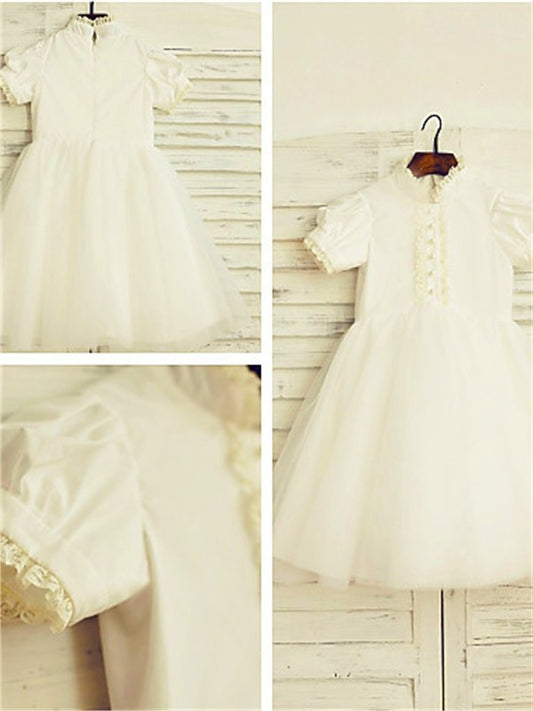 Neck Tulle Tea-Length Lace Short A-line/Princess Sleeves High Flower Girl Dresses