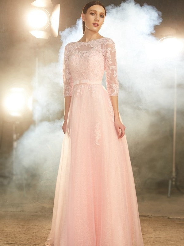 Floor-Length 1/2 A-Line/Princess Sleeves Bateau Applique Tulle Dresses