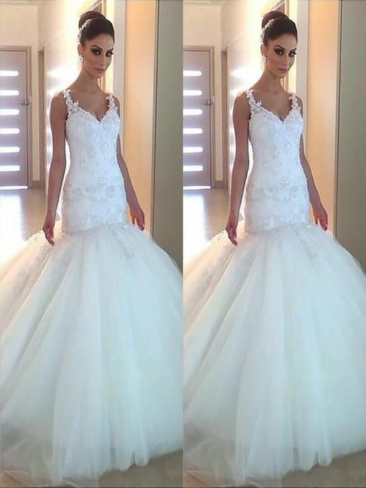 Court V-neck Trumpet/Mermaid Sleeveless Applique Tulle Train Wedding Dresses