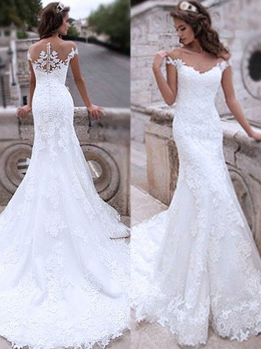 Applique Sleeveless Tulle Sweep/Brush Trumpet/Mermaid Off-the-Shoulder Train Wedding Dresses